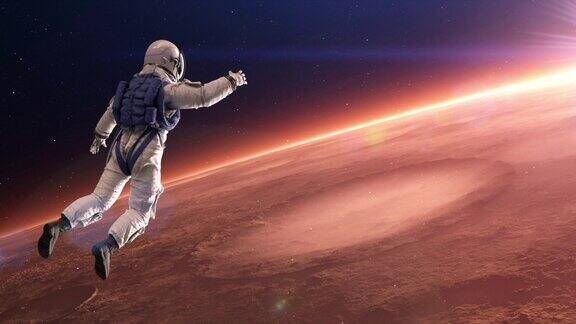 勇敢的宇航员在空间站外进行太空行走火星可见