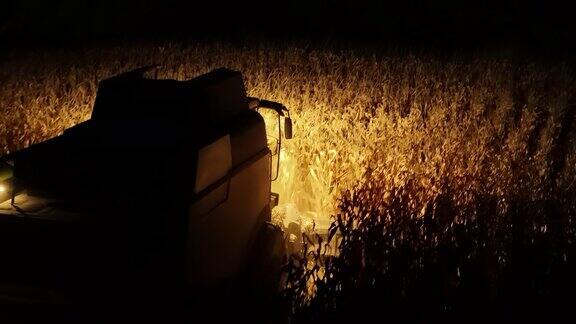 无人机拍摄的联合收割机在夜间工作的玉米作物