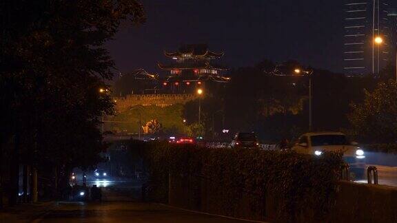 夜间长沙市区交通街道古塔建筑山顶全景4k中国