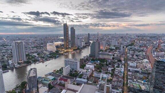 曼谷城市白天到晚上日落时间流逝在湄南河和暹罗泰国4K时间流逝