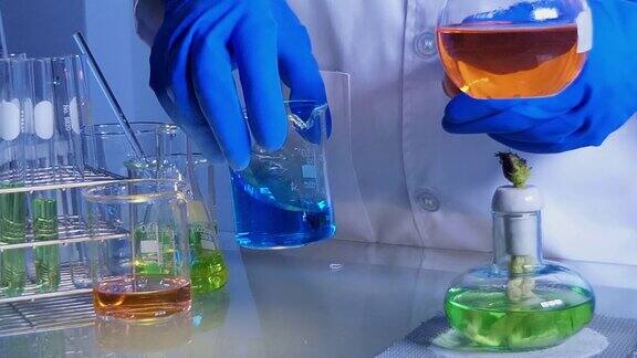 科学家持有烧瓶内的化学液体与实验室玻璃器皿和试管在化学实验室的背景科学实验室研究和发展