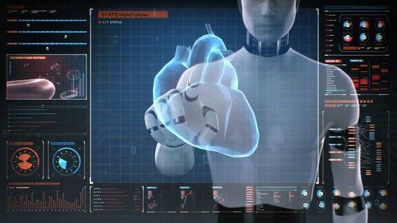 机器人触摸数字屏幕扫描多边形心脏具有UI的人体心血管系统未来的医疗技术4k.2