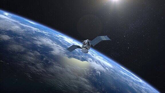 飞行卫星扫描并监控地球卫星打开太阳能电池板地球的地平线向右转地球自转很慢4k美国国家航空航天局