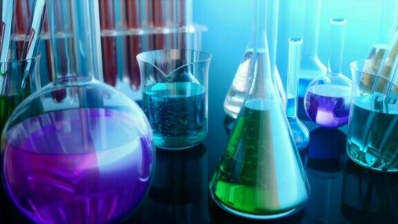 装有有色液体的实验室烧瓶科学与化学化学概念三维动画