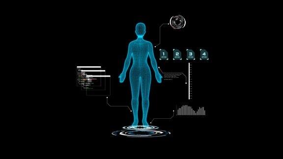 4K3D动画用户界面HUD与女性身体分析和dna移动在黑暗的背景与谷物处理的网络未来概念