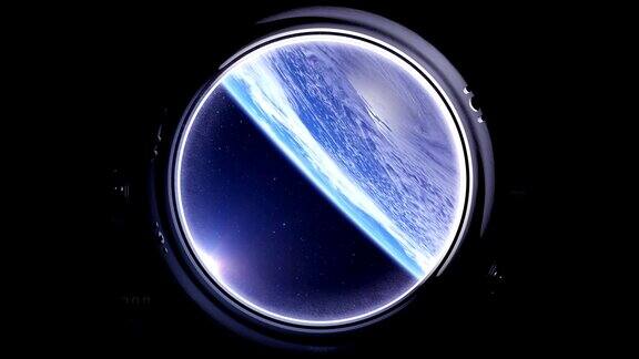 地球上方的空间站国际空间站绕地球运行从国际空间站的圆形窗口看到的地球现实的体积云从空间星空4k美国国家航空航天局