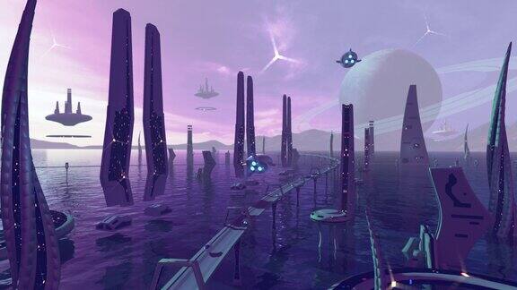 动画的幻想城市在外星星球与太空飞船
