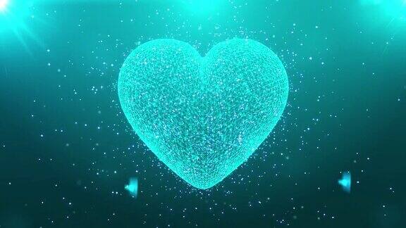 由粒子组成的三维心脏心脏旋转运动动画这些闪闪发光的粒子形成了心脏的形状水平构图4k质量