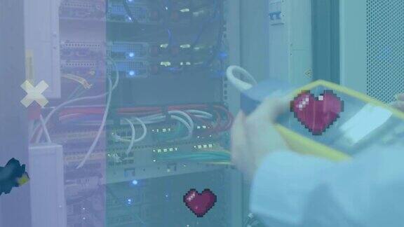 在服务器室的数字心脏图标的动画