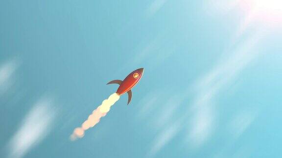 动画火箭发射飞到太阳和穿过云与柔和的光空间概念