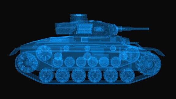 军用坦克三维线框与细蓝线坦克部队的未来全息图上的黑色背景循环旋转动画