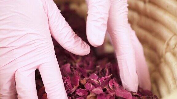 近距离观看干燥的玫瑰花瓣在一个篮子女孩轻轻地触摸花瓣