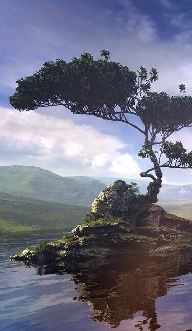 山湖岛上的一棵树