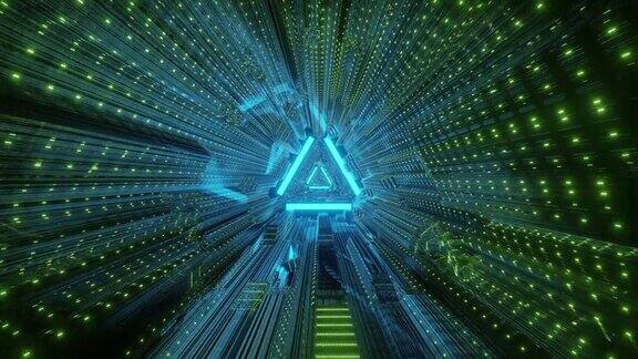 一个酷的三角形万花筒未来隧道的3D渲染与彩色霓虹灯在4K