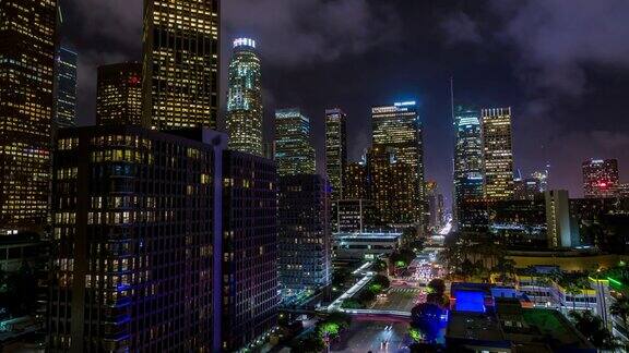 洛杉矶市中心屋顶Figueroa空中夜晚时光流逝