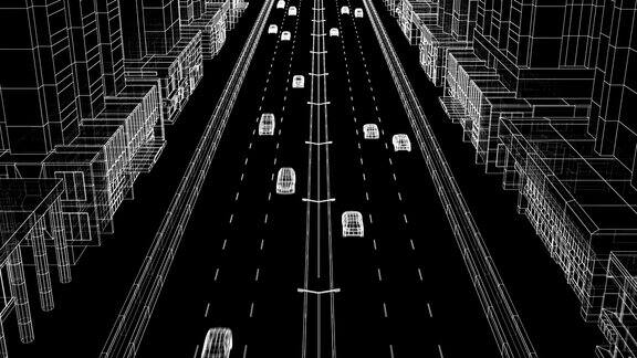 交通数字蓝图黑色背景下的现代抽象城市街道美丽的3d动画汽车驾驶交通技术