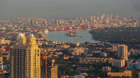 泰国日落灯光曼谷河交通港口全景4k时间流逝