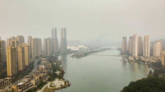 长沙市著名国际文化艺术中心日落时分滨江湾航拍全景4k中国