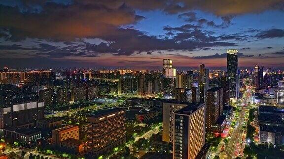 宁波夜间城市和建筑鸟瞰图