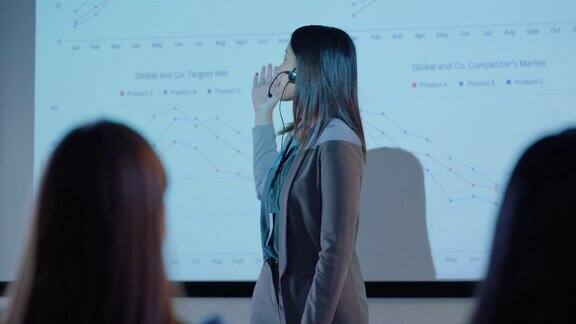 商务女性数据分析培训统计或增长战略研讨会的会议演示和投影仪屏幕市场图表销售或图表的亚洲人主持人和观众