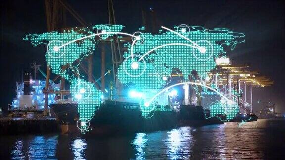 世界地图与物流网络分布的货船交付集装箱在港口背景物流与运输技术概念