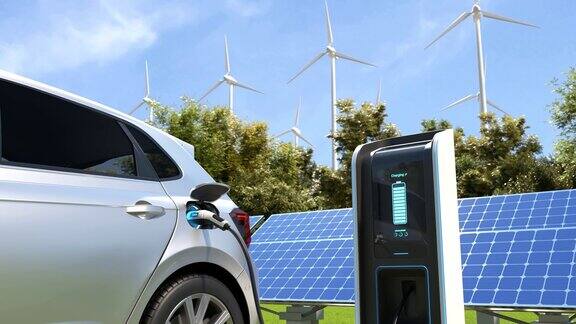 在充电站充电的电动汽车具有风力涡轮机背景