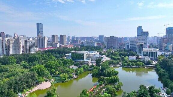 中国河北省石家庄市长安区长安公园人民大会堂航拍图