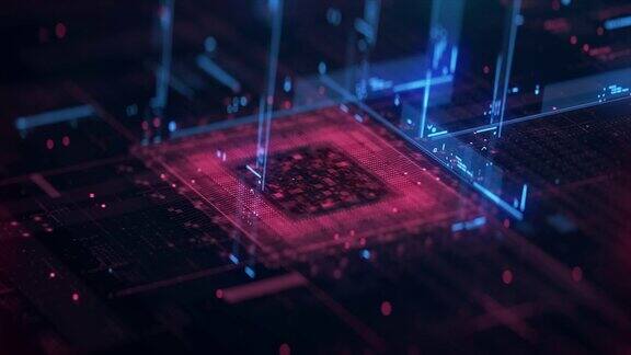 技术背景CPU电路3D可视化AI处理器电源彩色蓝红数字化过程数据传输在未来板芯片虚拟计算机动画近距离4K