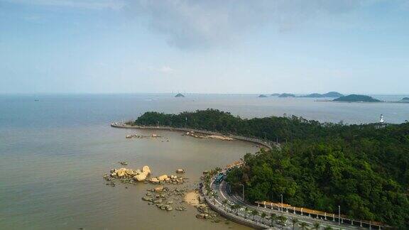 中国晴天珠海市著名渔女纪念碑湾航拍全景4k时间推移