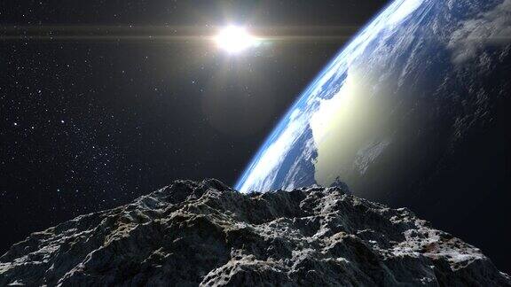 小行星落到地球上一颗危险的小行星正慢慢接近旋转的地球星空4k星星闪烁3d渲染美国国家航空航天局