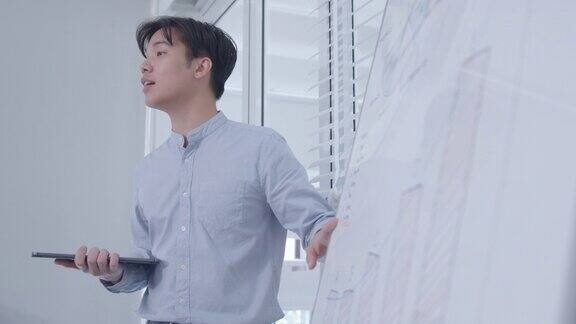 自信的亚洲商人团队领导手持数字平板电脑展示一个新项目