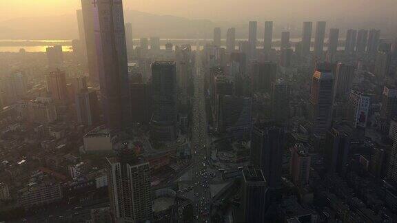 日落时分灯光长沙市区交通街道航拍4k中国全景图