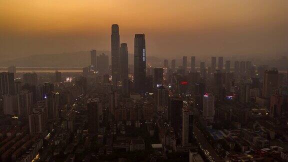 日落时间照明长沙市区著名滨江湾航拍延时全景4k中国