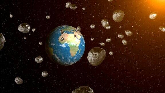 太空中的小行星飞向地球