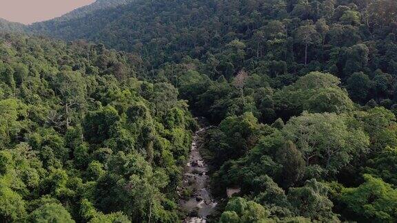 4k鸟瞰图的溪流瀑布在热带森林和山区