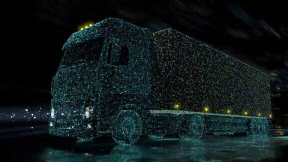 未来技术概念:带货运拖车的自动半挂车在夜间行驶传感器扫描周围环境自动驾驶卡车数字化高速公路的特殊效果