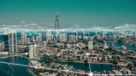 物联网建筑无人机、三维动画和城镇节点覆盖中的数字、城市和网络在未来的技术、通信和商业大数据领域网络节点超越了架构