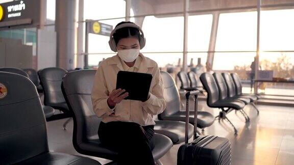 亚洲女性戴着口罩在机场候机区使用数码平板电脑