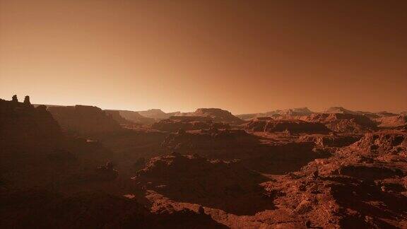 黎明鸟瞰火星沙漠的红色星球表面科幻岩石景观