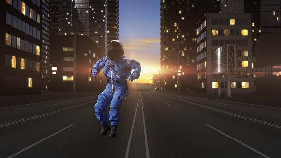 快乐的宇航员在空旷之城的路上跳舞