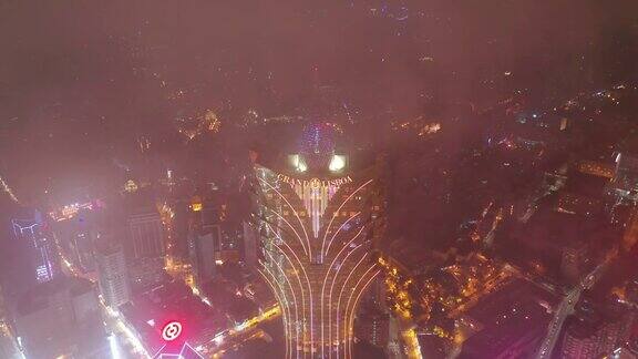 夜间照明澳门著名酒店区湾高空俯视4k中国全景