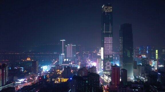 长沙市夜光市区交通街道滨江湾航拍全景4k中国