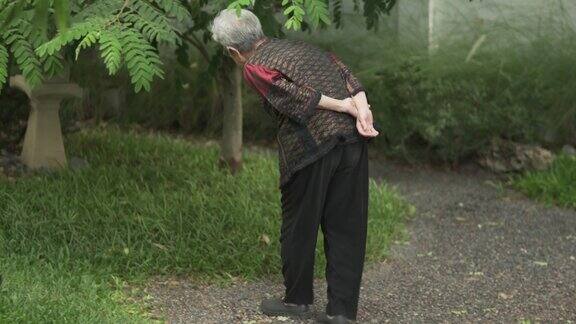 在日本花园里散步的老年妇女