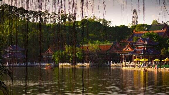 中国艳阳天珠海市著名公园湖全景4k时间