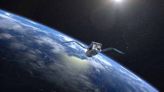 卫星扫描并监控地球卫星打开太阳能电池板地球自转很慢地球的地平线向右转4k