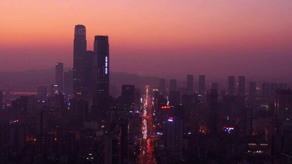 日落时分照明长沙市区交通街道航拍全景4k中国