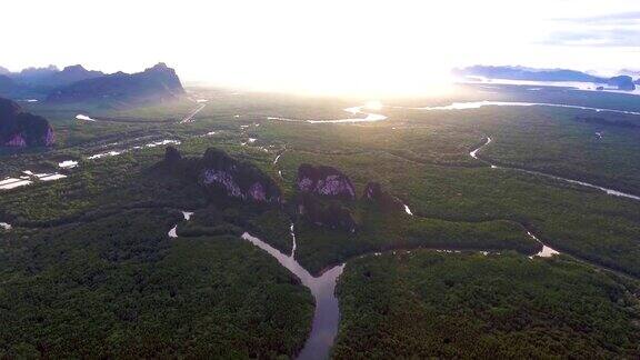鸟瞰图的红树林在泰国攀雅省飞越红树林与美丽的阳光在早上
