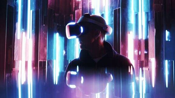 在霓虹灯下戴着VR头盔的无名男子