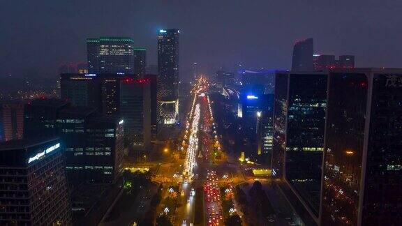 黄昏时间夜晚照明成都城市中心交通街道道路空中时间推移全景4k中国