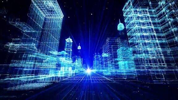 城市环路背景下的数字虚拟智慧城市网络空间飞行图标数字和代码